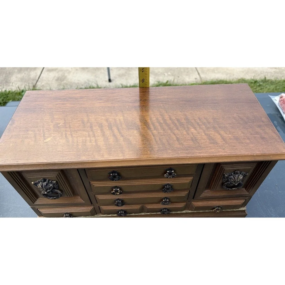 Vintage Wooden Jewelry Armoire Cabinet Lion Head Doors Red Felt Lined 13 Drawer